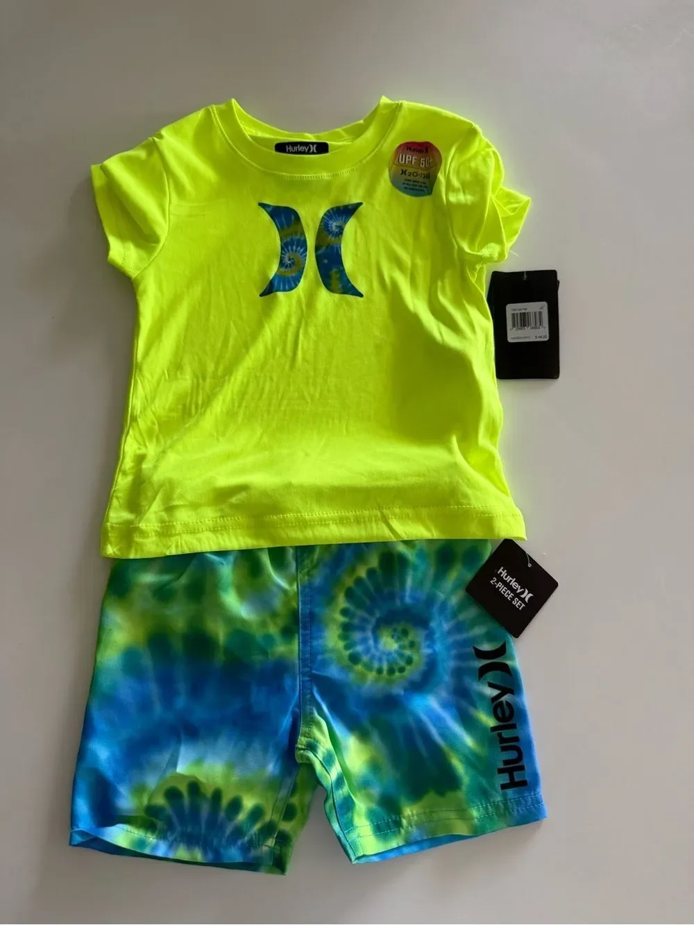 Hurley Toddler Boys Neon Lime Tee with Blue-Green Tie-Dye Swim Shorts, 2T, NWT